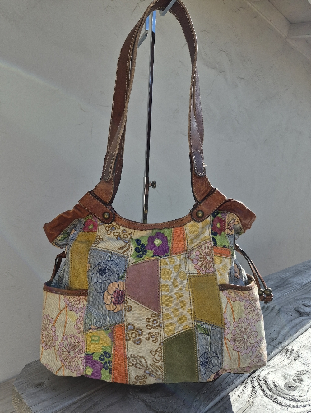 Fossil Patchwork Floral Multicolor Shoulder Bag - Brown Straps - Picture 7 of 13